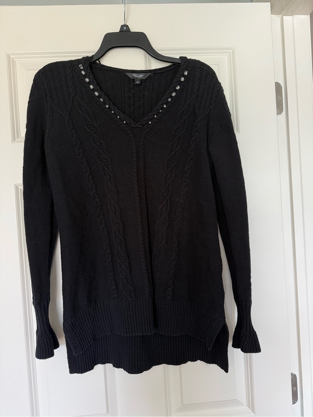 Simply Vera Vera Wang Black V-Neck Cable Knit Sweater with Stud Accents